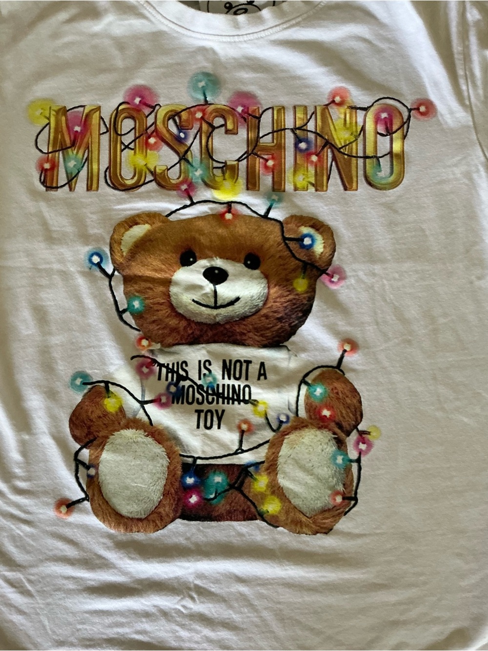 Moschino White Teddy Graphic Tee with Multicolor Print - Picture 2 of 4